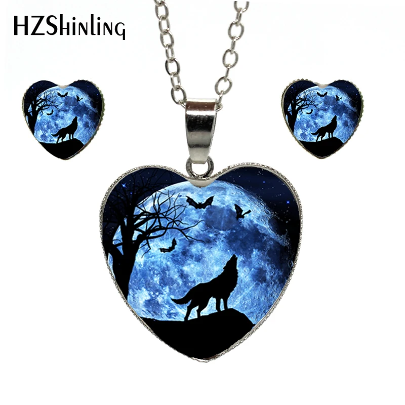 

New Arrival Full Moon, Howling Wolf Art Jewelry Heart Necklace Earrings Hand Craft Heart Jewelry Set
