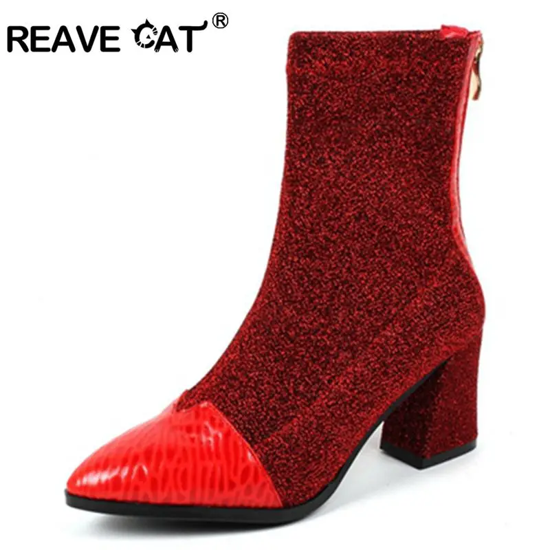 

REAVE CAT Genuine Leather Ankle Boots Female Zipper Patchwork Shoes Women Sheep Skin Riding Boots for Women Botas Feminina J314