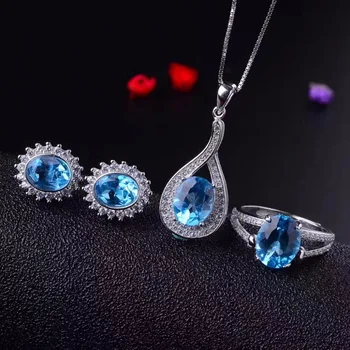 

MeiBaPJ Natural Blue Topaz Jewelry Set 925 Pure Silver Ring Earrings Pendant Necklace 3 Suits Fine Wedding Jewelry for Women