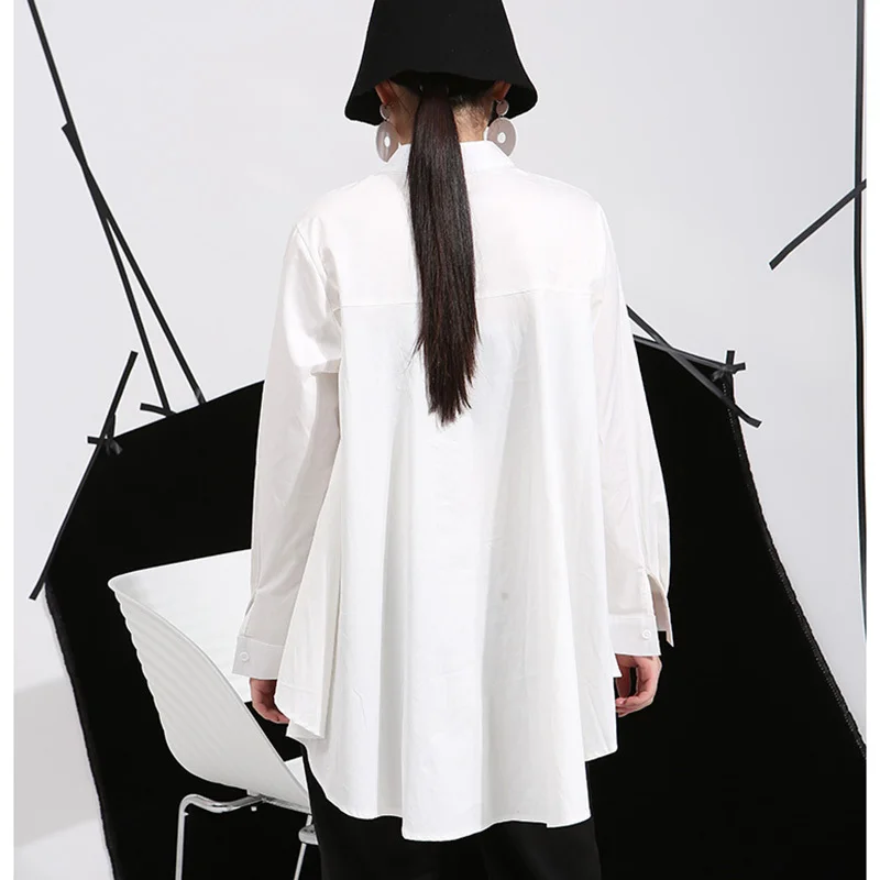  [EAM] 2020 Spring Plus Size Long Shirts Women Blouses Long-sleeve White Loose Tops Black White Cott