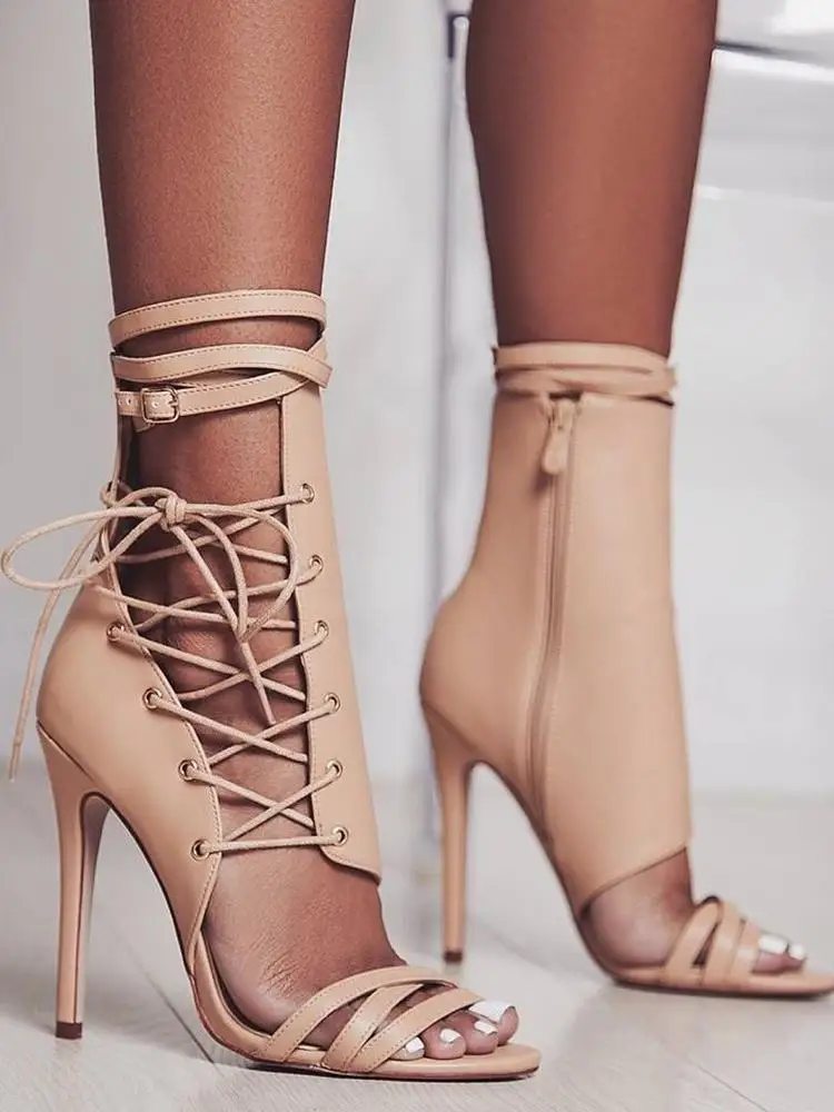 

Roman Buckle Strap Shoes Women Sandals Sexy Gladiator Lace Up Peep Toe Sandals High Heels Woman Ankle Boots Black Aprict