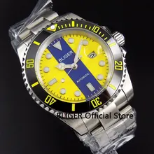 Tempo dos homens do esporte BLIGER 40 MM Mostrador Amarelo relógio de Pulso Cerâmica Bezel Marcas Luminosas Relógio Vidro de Safira Movimento Automático