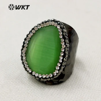 

WKT WT-RR024 Natural Cat Eye Stone Elegant Jewelry Oval Shape Rhinestone Pave Black Gun Plated Women Adjustable Rings