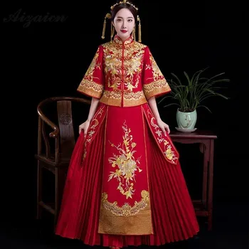 

New Traditional Chinese Wedding Dress Qipao Promotion Oriental Pleated Embroidery Phoenix Cheongsam Red Bride Marry Vintage Gown