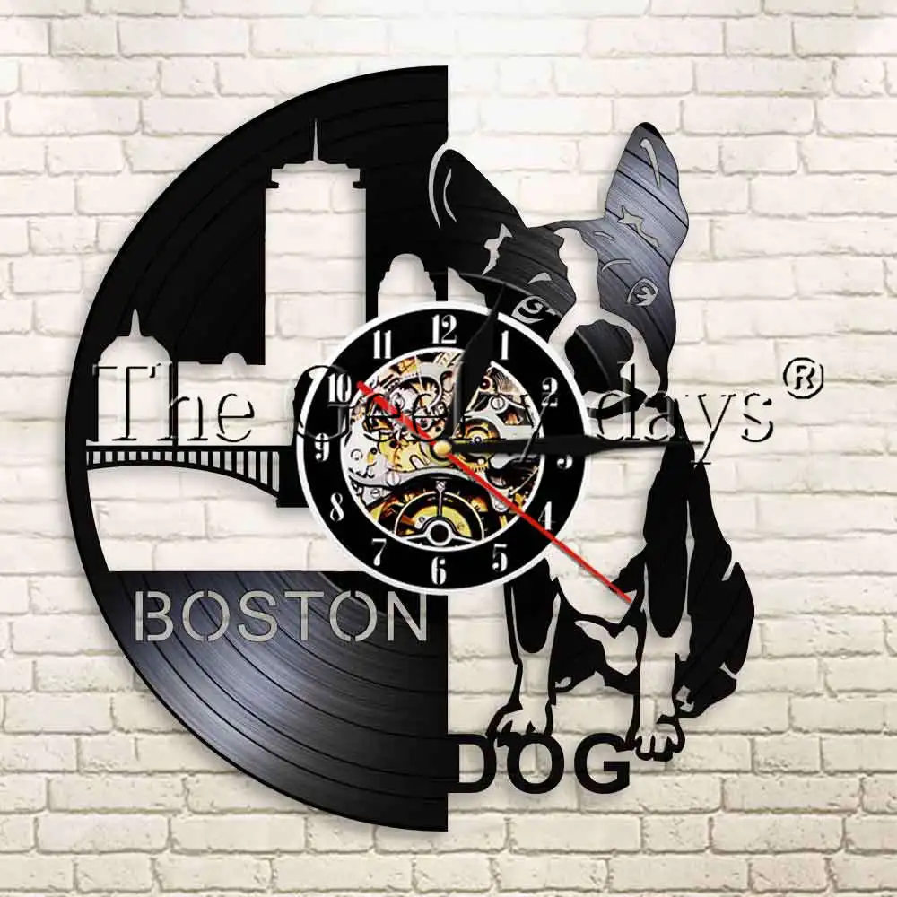 

1Piece Funny Boston Breeds Terrier Dog Vinyl Record Wall Clock French Bulldog Pet Puppy Wall Decor Hanging Wall Clock