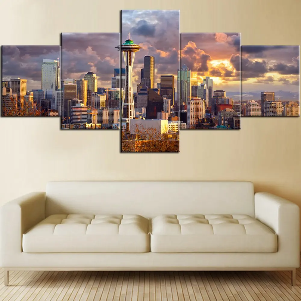 

Modern Art Work Seattle Skyline at Sunset USA Pictures for Living Room 5 PCS Drop shipping