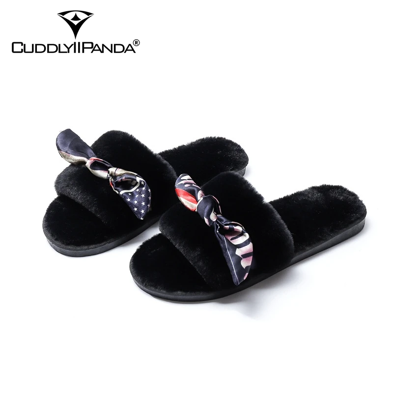 

CuddlyIIPanda Women Fashion Slippers Plush Butterfly Knot Home Slippers Flat Flip Flops Home Slippers Candy Color Fur Slippers