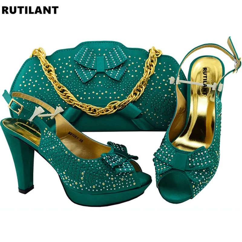 

Teal Color Italian Shoes with Matching Bags Set Decorated with Rhinestone African Wedding Shoes and Bag Set Party Shoes and Bag