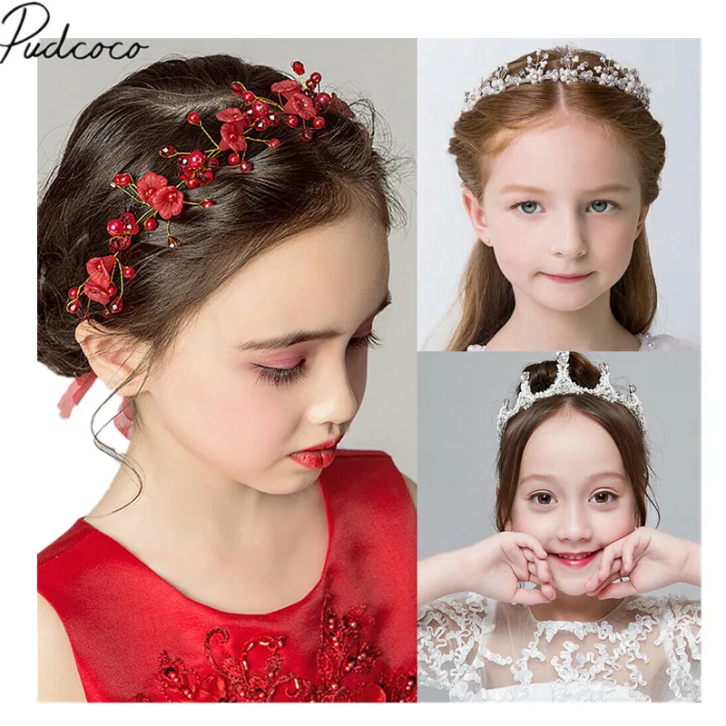 

2019 Baby Accessories Baby Girl Kids Crystal Rhinestone Princess Flower Pearl Crown Hair Clip Headband Formal Party Photo Props