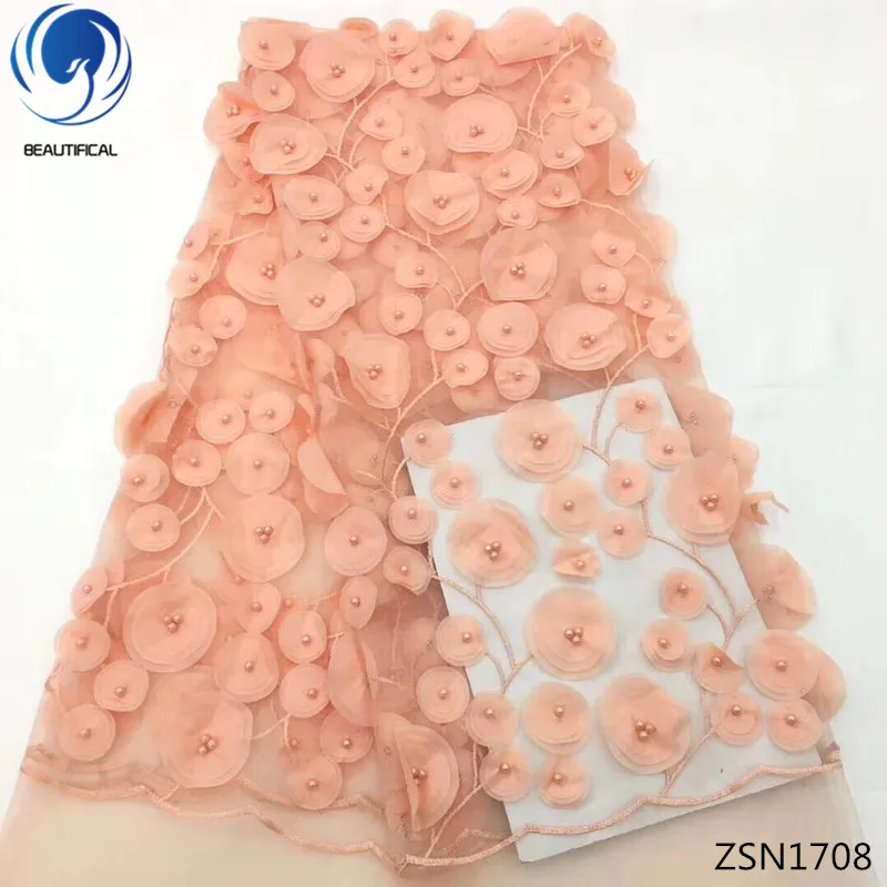 

Beautifical French Embroidery 2018 Mesh Tulle net Lace Fabric 3D African Beaded Lace Fabrics For Wedding Party 5yards/lot ZSN17