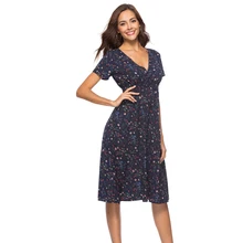 Bohemian style floral print women dress for summer small flower chiffon beach v-neck dress short sleeve vintage ladies dress Bohemian style floral print women dress for summer small flower chiffon beach v-neck dress short sleeve vintage ladies dress