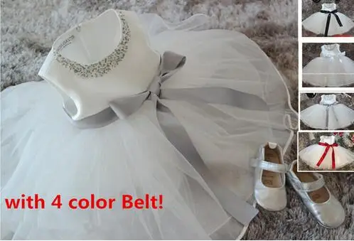 Белые шифоновые платья на крестины для маленьких девочек Vestido batizado branco брендовые изящные платья на день рождения для детей 1 года - Цвет: with 4 belt