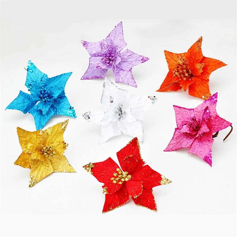 

Colorful Five-pointed Star Shape Glitter Artificial Flower With Sticks Christmas Tree New Year Xmas Home Party Ornament Supplies