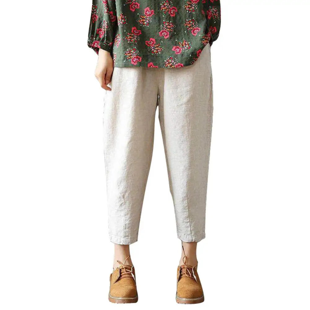 

Women Plus Size Solid Color Casual Lady Elastic Waist Ninth Pants Loose Harem Trousers Gift