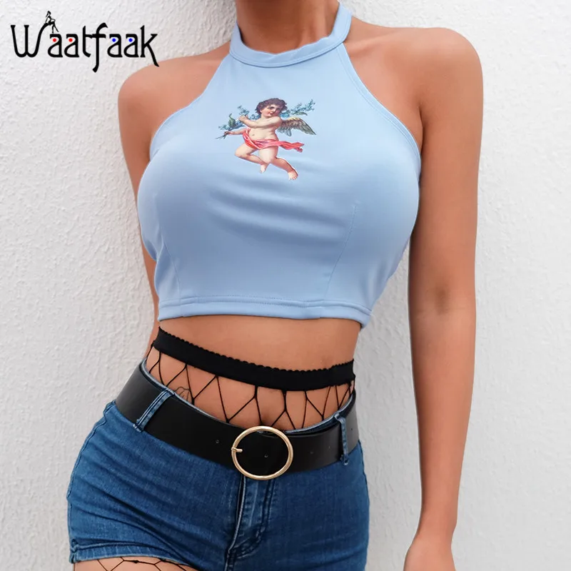 

Waatfaak Halter Strapless Top Women Cropped Female Sexy Camis Tank Tops Off Shoulder Angel Print Backless Summer Sexy Bandage