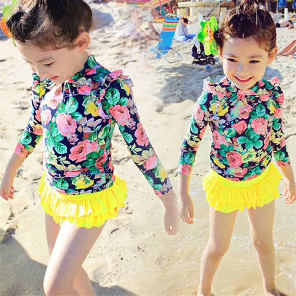 

Swimwear Summer Kids Girl Swimwear Floral Print Skirt Split Swimsuit Long Sleeve Swimsuit Clothe Set Outfit Clothing One-Piece