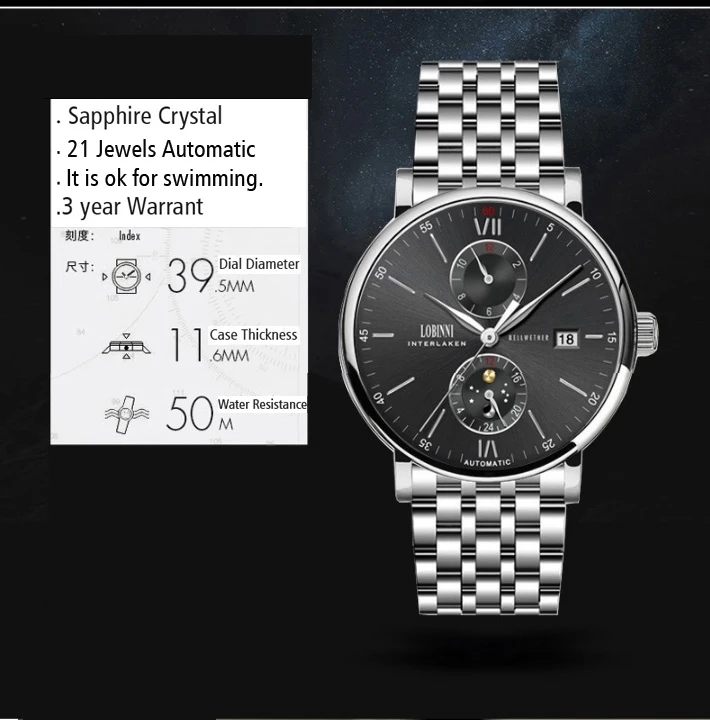 LOBINNI мужские часы люксовый бренд наручные часы Япония Импорт Автоматические Механические MOVT часы для мужчин сапфир relogio masculino L1017-2