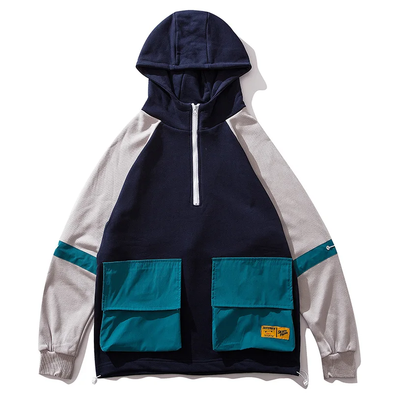 

Hoodies Men Big Pockets Patchwork Pullover Cargo Style Half Zipper Men Hooded Back Drawstring High Street Sweatshirt Couple wear