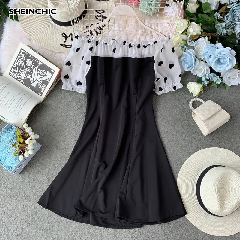 

Summer 2019 Patchwork White Black Polka Dot Women Dress Sexy Slash Neck Ruffles Puff Sleeve Mini Dress Elegant Verano Vestidos