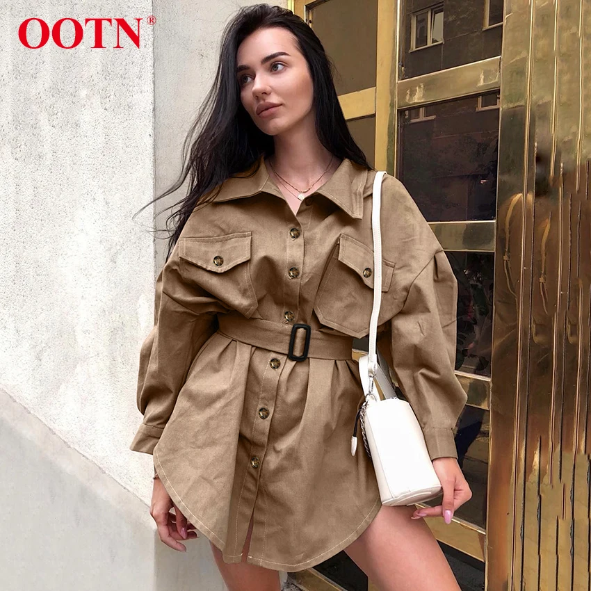 OOTN, длинное мини-платье с рукавами летучая мышь, женское офисное платье-рубашка с поясом, винтажное платье-туника цвета хаки, новинка, повседневная верхняя одежда