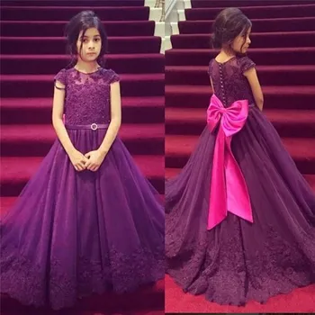 

Flower Girl Dresseses Beaded Floor Length Organza Lovely Purple Long Girls Pageant Dress Bow Appliques vestido longo