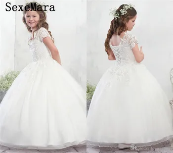 

White Lace Flower Girls Dresses for Wedding Little Girl V neck Lace Applique Puffy Tulle Ball Gown First Communion Dress