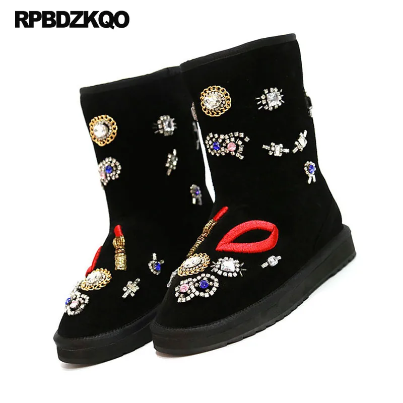 Caviglia Genuino Inverno Di Australiano Neve Il Delle Cuoio Alta Ricamo Donne Qualità Del Marca Scarpe Nero Rhinestone Scarponi Catena Alla Ricamato Da qqEBUa
