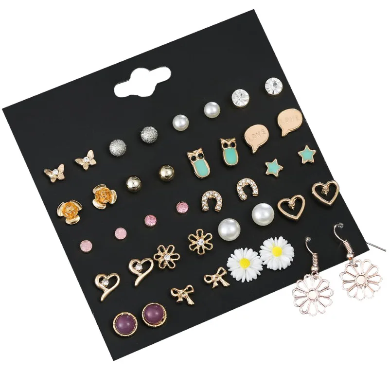 

Ziris Cute Enamel 20 pairs Earring Set Plant Butterfly Crystal Sun Flower Horse Shoe Heart Stud Anti-allergic Girls Earring