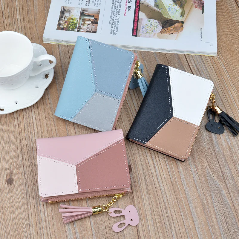 

Leather Short Wallet Women Wallets Small Zipper Money Bag Change Pocket Patchwork Card Holder Tassel Money Pouch