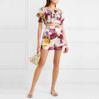 

Sweet wood ear word collar leaking shoulder short crop top shirt female high waist shorts seaside holiday two-piece suit