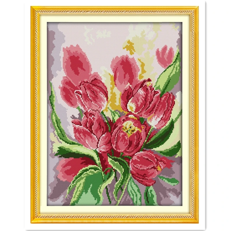 

Pink Tulip 11CT 14CT Printed On Canvas Embroidery Cross Set Chinese Counted Cross Stitch Pattern Home Decor Needlework DIY Set