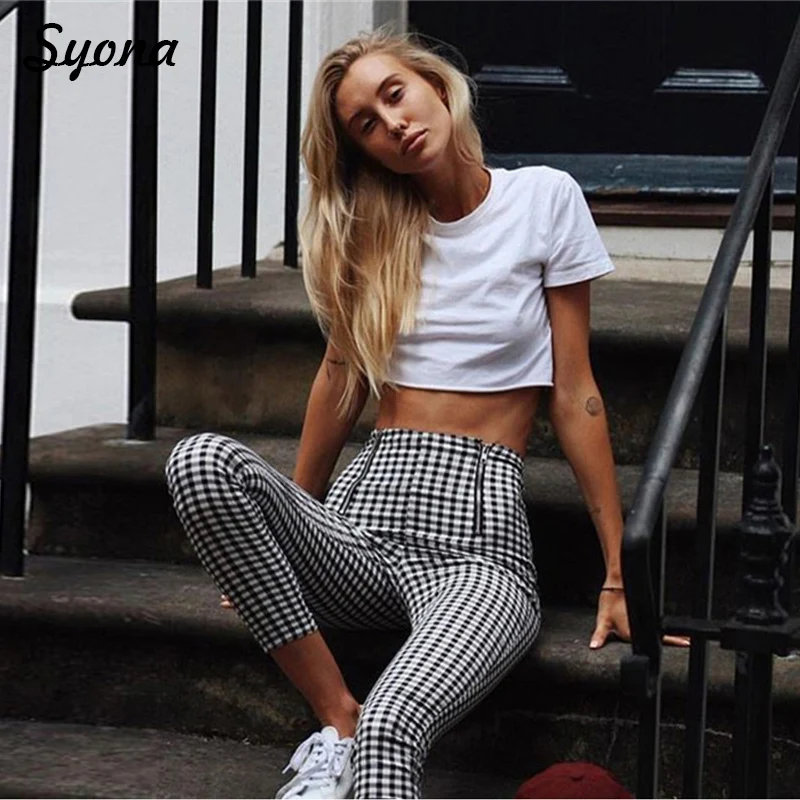 

Women Casual Plaid Check PENCIL PANTS Capri High Waist Checkered Trousers Working Office Pantalon Ladies Checkerboard PANTS Grid