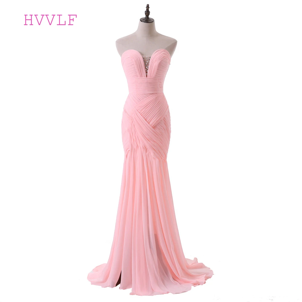 

Pink Evening Dresses 2019 Mermaid Sweetheart Chiffon Beaded Backless Slit Elegant Long Evening Gown Prom Dress Robe De Soiree