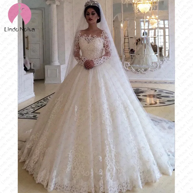 

Casamento Luxury Long Sleeves Lace Wedding Dresses 2019 Scoop Luxury Puffy Ball Gowns For Bridal Vestido De Noiva Robe De Mariee