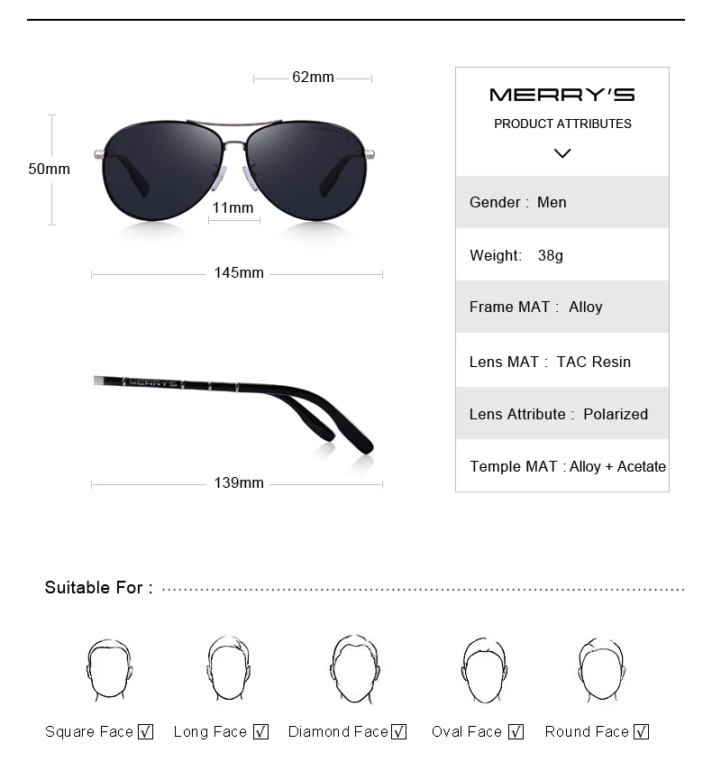 MERRY'S дизайн Для мужчин Classic Pilot Sunglasses HD поляризованные очки Мода для Для мужчин Роскошные оттенки UV400 защиты S'8766N