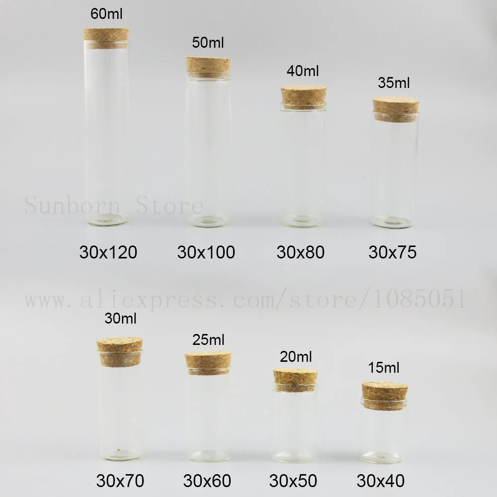 

50 x Empty Clear Borosilicate Glass Bottle Jar Vial Test Tube with Wooden Cork Stopper Small Container 15ml 20ml 30ml 50ml 2oz