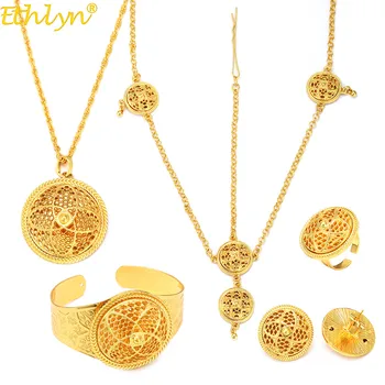 

Ethlyn Eco-Friendly Gold Color Dubai Bridal Wedding Round Pendant Necklace Ring Ethiopian Jewelry Sets Jewellery 5pcs S321