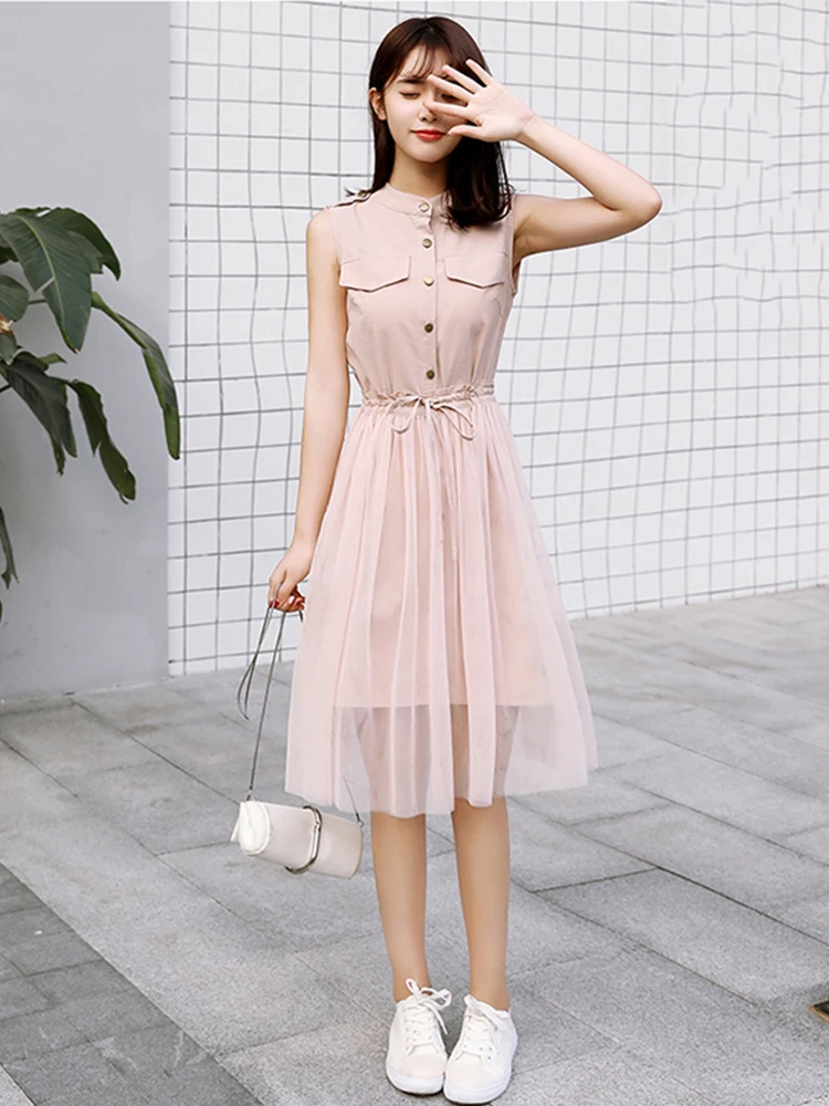 

2018 new single-breasted double pocket sleeveless shirt dress+mesh skirts 2 piece set casual women vest tops long and skirt sets