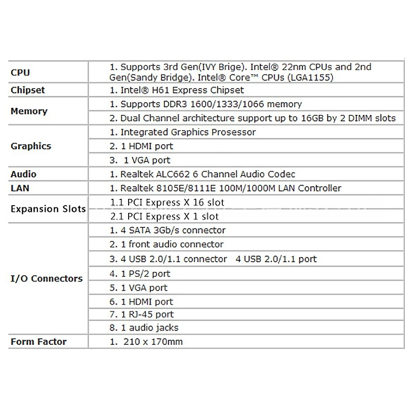 Материнская плата H61 для настольного компьютера, материнская плата 1155 Pin, обновление интерфейса процессора USB2.0 DDR3 1600/1333 для Intel Core i7/i5/i3