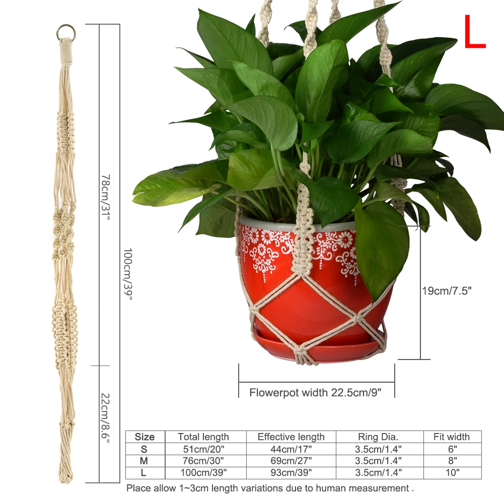 WITUSE ручной работы натуральный хлопок шнур Завод Вешалка висячая корзина горшок держатель с кольцом S/M/L веревка макраме горшок держатель - Цвет: L