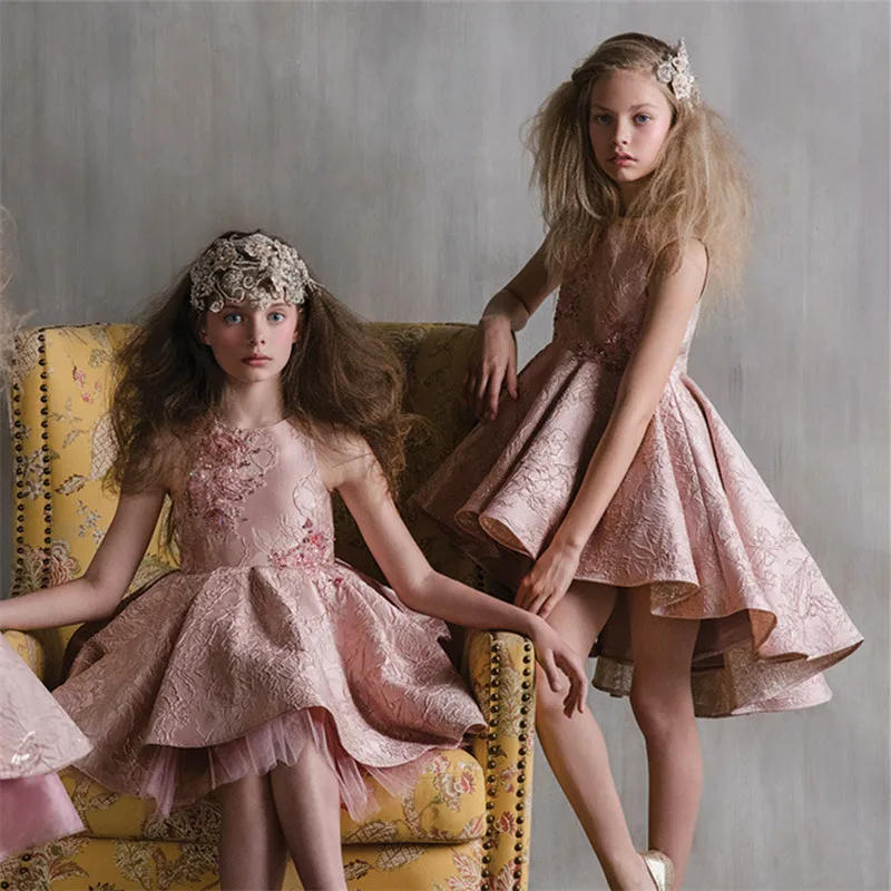 

New Arrivals Flower Girls Pink Sheer Back Tulle O-neck Ball Gowns Multilayer Little Girls First Communion Formal Wedding Dress
