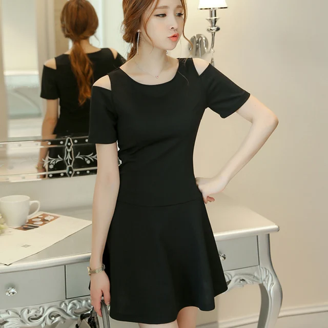 2018 Black Off Shoulder Sleeve Summer Dress Women Korean Style Waist ...