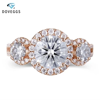 

DovEggs 3 Stones Engagement Ring For Women 14K Rose Gold Center 1.5ct 7.5mm F Color Halo Moissanite Wedding Rings Fine Jewelry