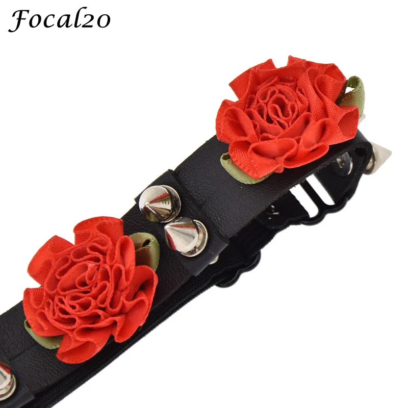 Focal20 Gothic Punk Rose Flower Synthetic Leather Women Garter Sexy Elastic Leg Garter Belt Suspender Lingerie Cosplay