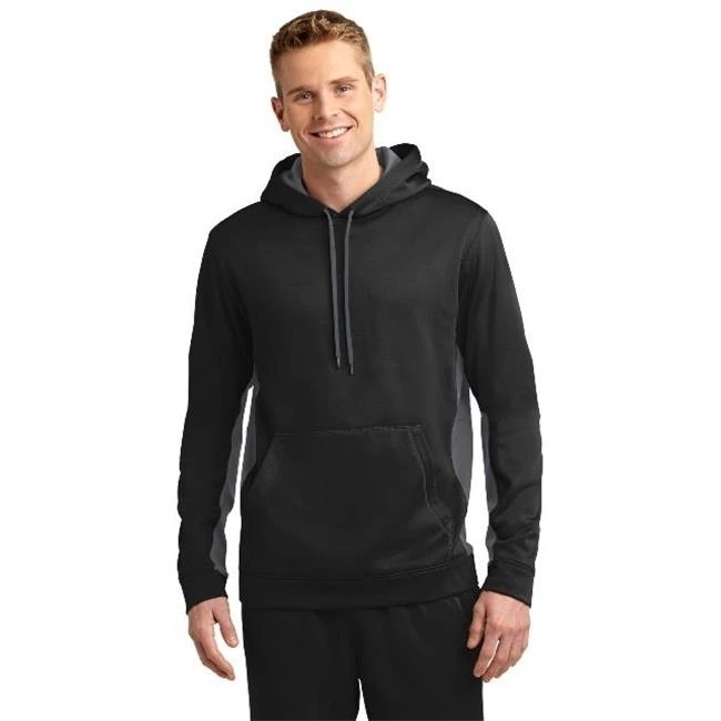 Sport-Tek ST235 Mens Sport-Wick Fleece Colorblock Hooded Pullover Black & Dark Smoke Grey - 3XL