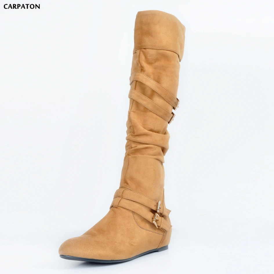 

Carpaton Brand hot selling 2018 Newest Elegant fashion women Flat Round toe zipper Pleated Buckle Decoration Slip-on boots