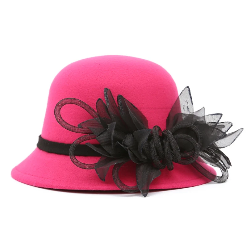 

HT1231 2017 New Handmade Flower Women Hats Autumn Winter Wool Felt Fedoras Elegant Female Church Hat Round Top Bucket Cloche Hat