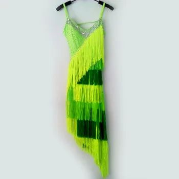 

New style latin dance costume sexy spandex green tassel latin dance dress for women latin dance competition dresses S-4XL