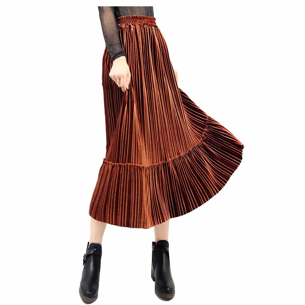 Осень-зима Для женщин s эластичный Mid-Высокая талия Pleuche тонкий модная юбка Для женщин пикантные большой плиссированные юбка средней длины одежда - Цвет: 03
