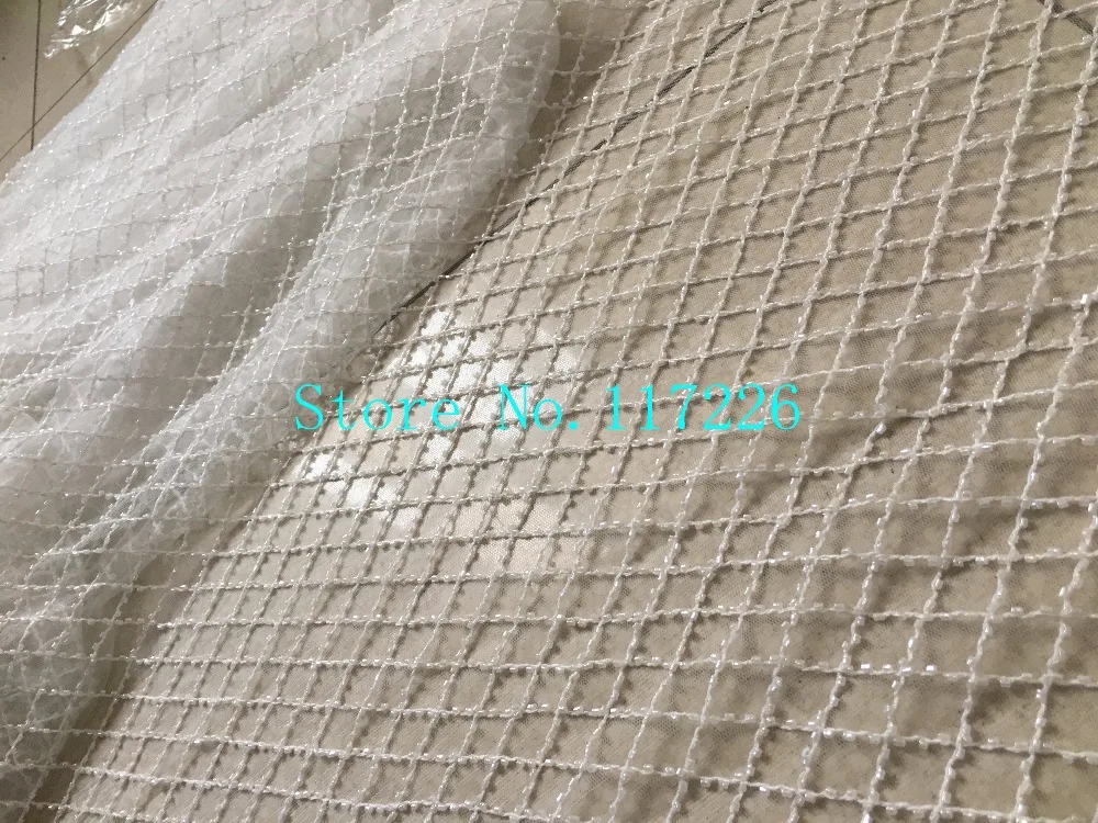 

white glass beads embroidery french net lace fabric for wedding dress/evening dress new design mant small beads and pearls